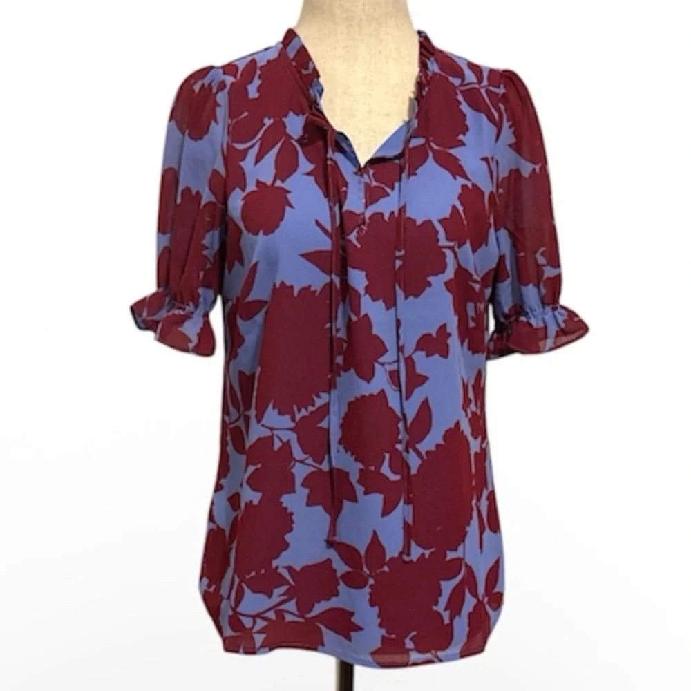 J. Crew Blue and Burgundy Floral Top